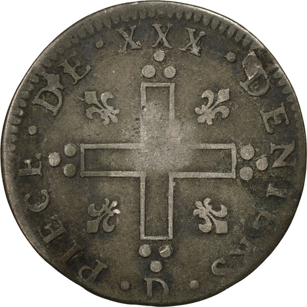 France, Louis XIV, XXX Deniers aux 2 L couronnés, 30 Deniers, 1710, Lyon