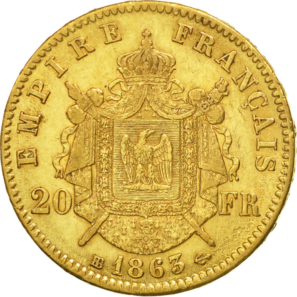 Moneda, Francia, Napoleon III, Napoléon III, 20 Francs, 1863, Strasbourg, MBC
