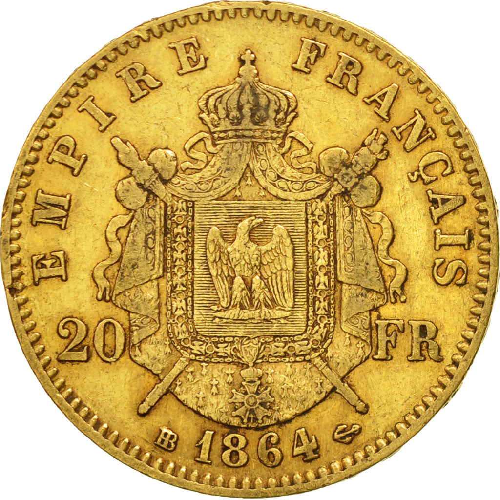 Moneta, Francia, Napoleon III, Napoléon III, 20 Francs, 1864, Strasbourg, BB