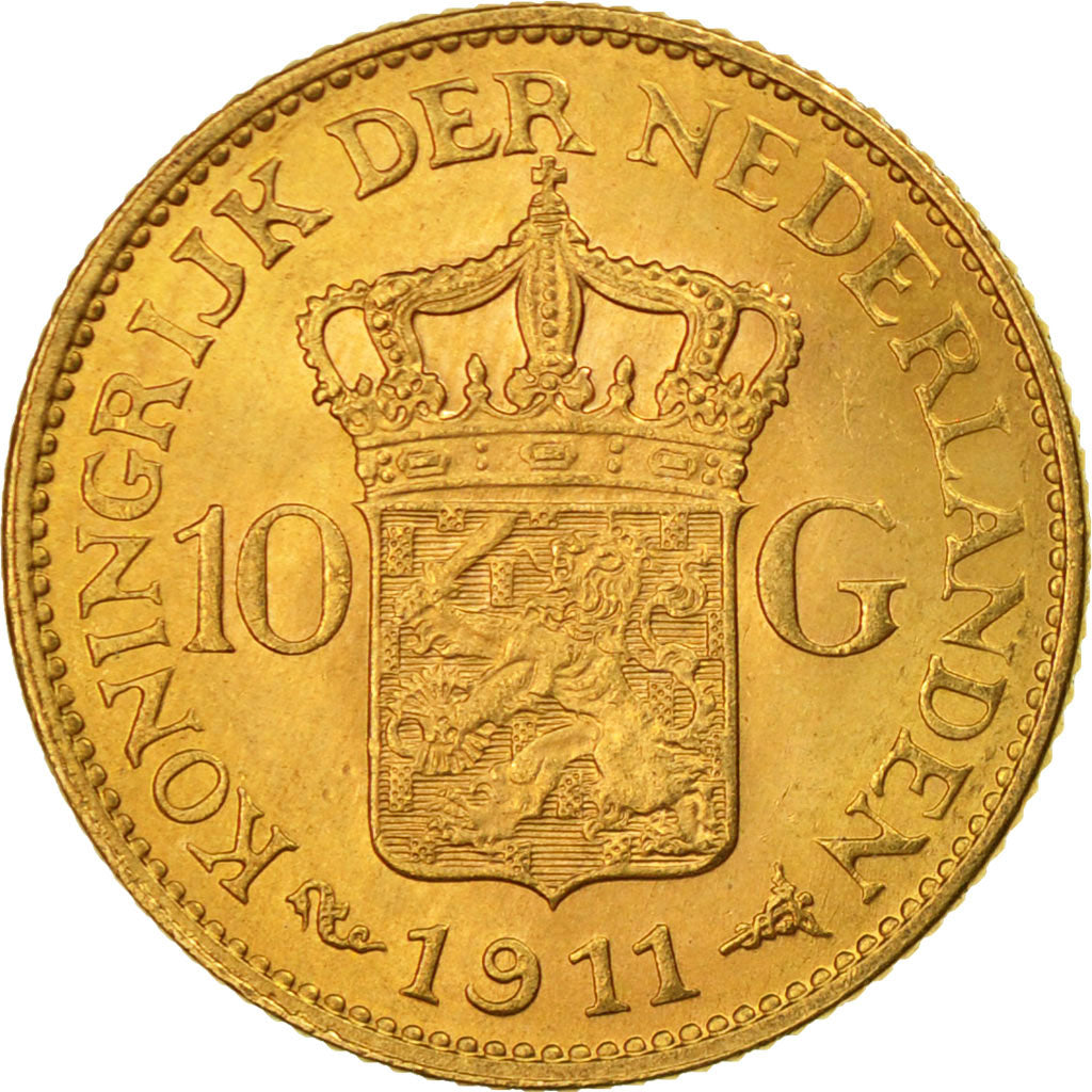 Coin, Netherlands, Wilhelmina I, 10 Gulden, 1911, MS(63), Gold, KM:149