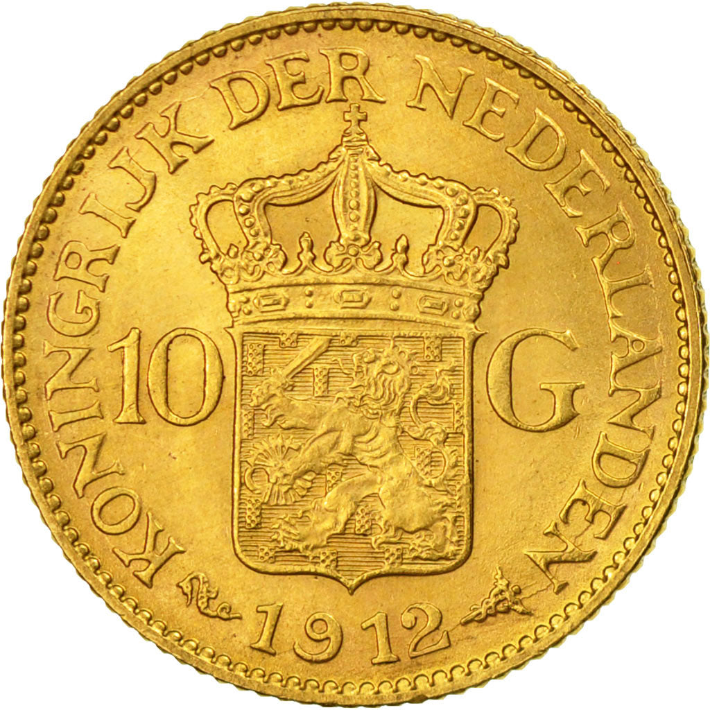Coin, Netherlands, Wilhelmina I, 10 Gulden, 1912, MS(63), Gold, KM:149
