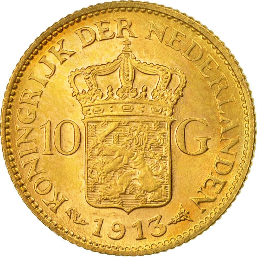 Coin, Netherlands, Wilhelmina I, 10 Gulden, 1913, MS(63), Gold, KM:149