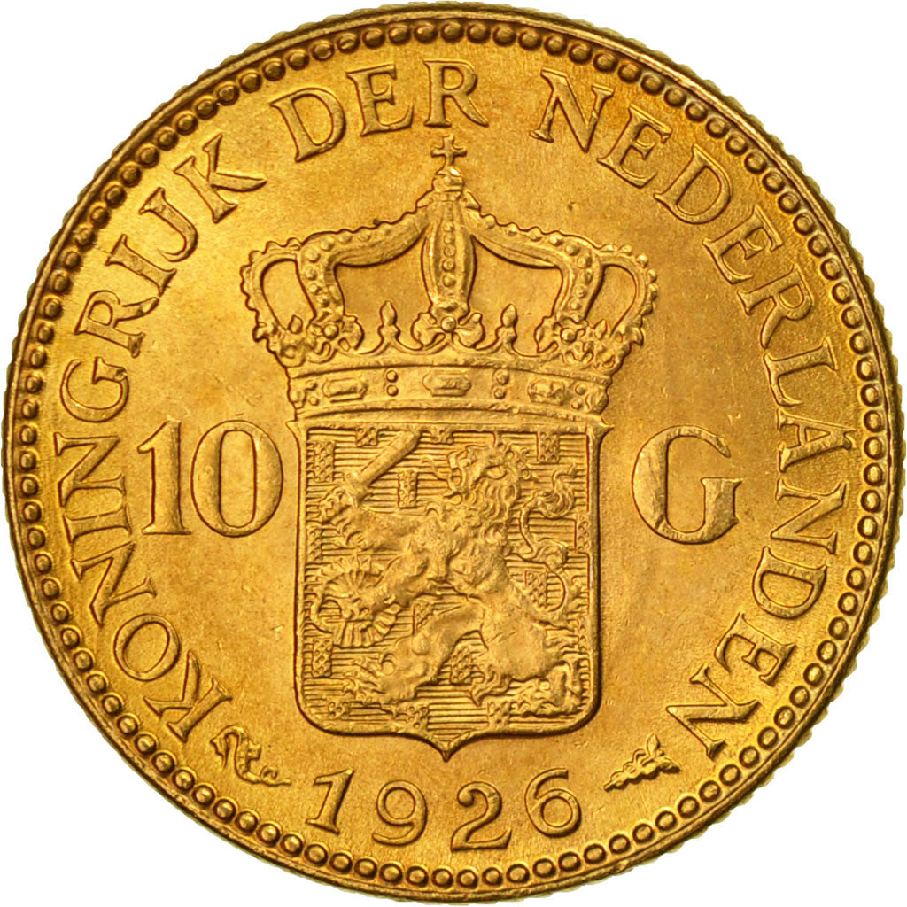 Netherlands, Wilhelmina I, 10 Gulden, 1926, MS(64), Gold, KM:162