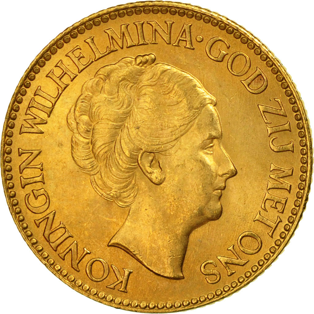 Coin, Netherlands, Wilhelmina I, 10 Gulden, 1932, MS(64), Gold, KM:162
