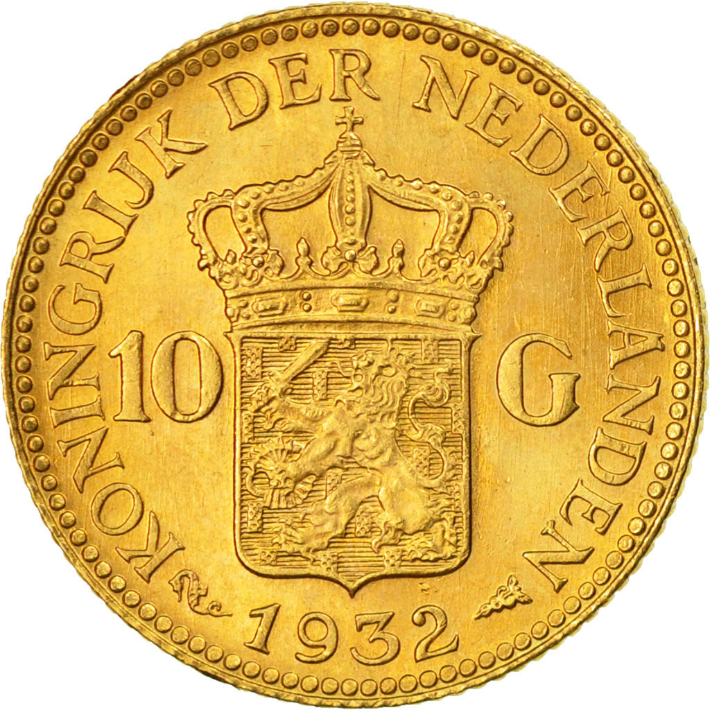 Coin, Netherlands, Wilhelmina I, 10 Gulden, 1932, MS(64), Gold, KM:162