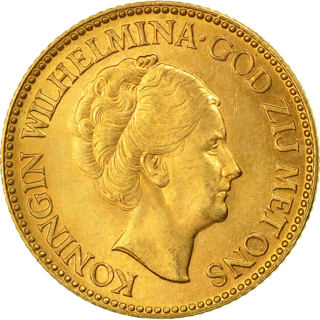 Coin, Netherlands, Wilhelmina I, 10 Gulden, 1933, MS(65-70), Gold, KM:162