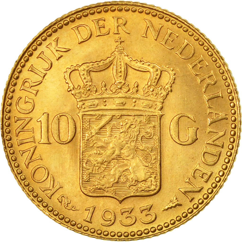 Coin, Netherlands, Wilhelmina I, 10 Gulden, 1933, MS(65-70), Gold, KM:162