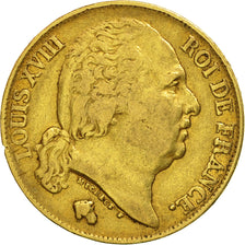 Francia, Louis XVIII, 20 Francs, 1818, Lille, MBC, Oro, KM:712.9