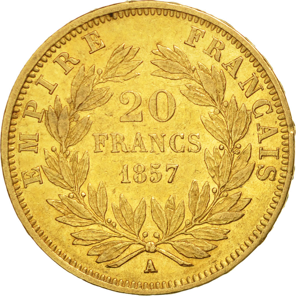 France, Napoleon III, 20 Francs, 1857, Paris, AU(50-53), Gold, KM:781.1