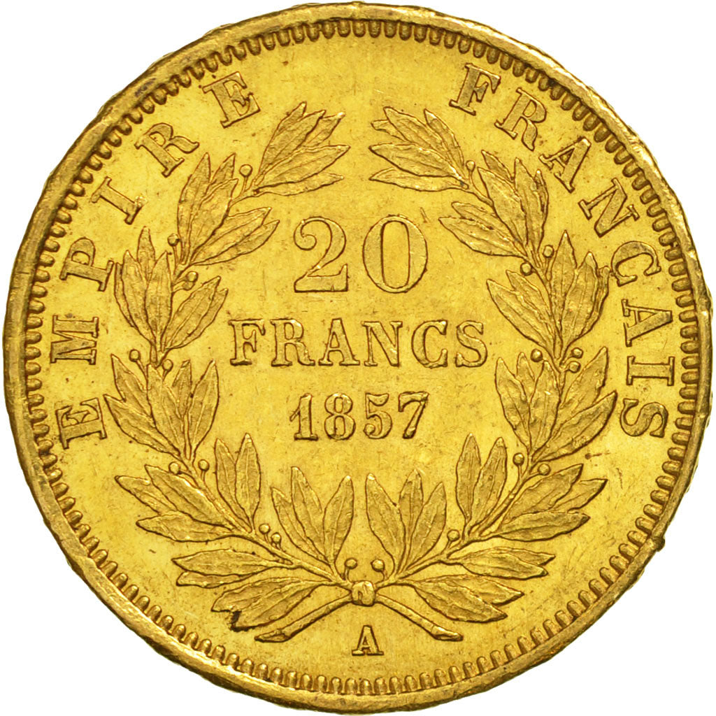 France, Napoleon III, 20 Francs, 1857, Paris, AU(55-58), Gold, KM:781.1