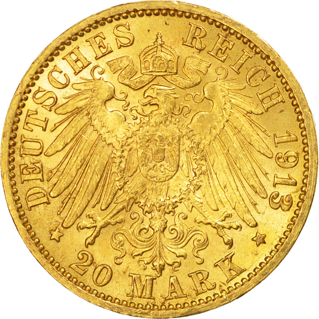 Estados alemanes, BADEN, Friedrich II, 20 Mark, 1913, Stuttgart, EBC+, Oro