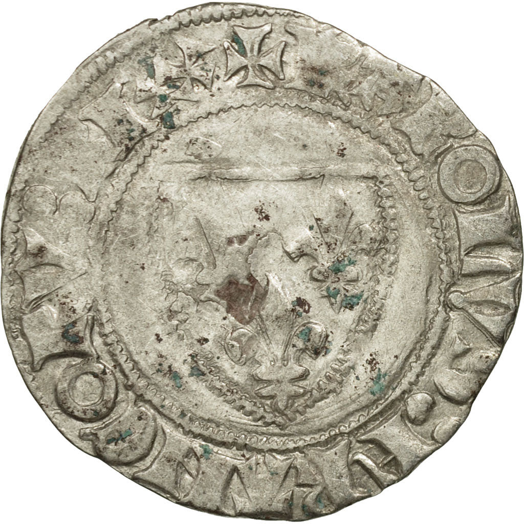France, Charles VI, Blanc Guénar, Tours, TB+, Billon, Duplessy:377A