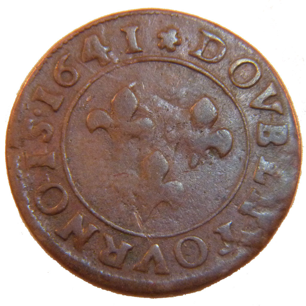 FRANCE, Double Tournois, 1641, EF(40-45), Copper, Boudeau #1006, 2.80