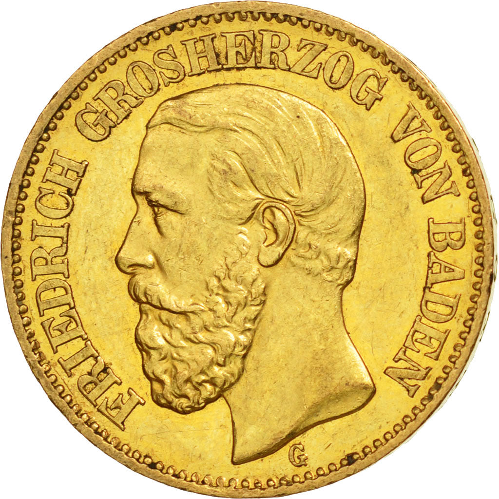German States, BADEN, Friedrich I, 20 Mark, 1872, Stuttgart, MS(60-62), Gold