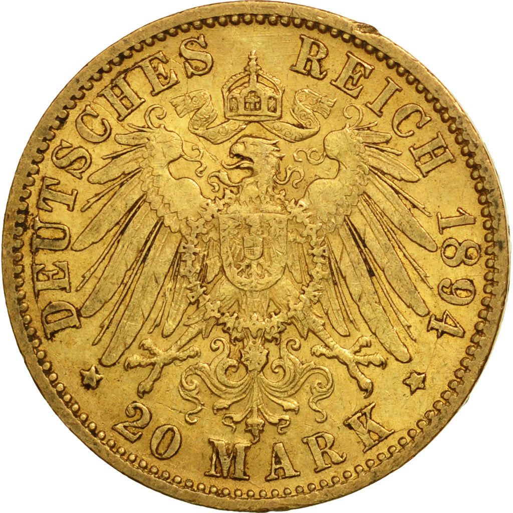 German States, BADEN, Friedrich I, 20 Mark, 1894, Stuttgart, AU(50-53), Gold