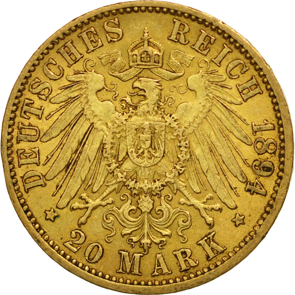Estados alemanes, BADEN, Friedrich I, 20 Mark, 1894, Stuttgart, EBC, Oro, KM:270