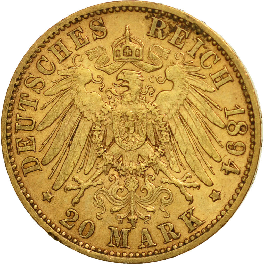 German States, SAXONY-ALBERTINE, Albert, 20 Mark, 1894, AU(55-58), Gold, KM:1248