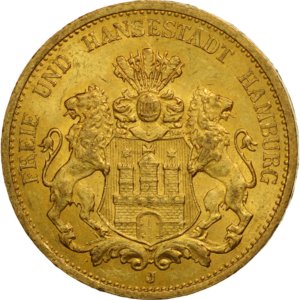 German States, HAMBURG, 20 Mark, 1875, Hamburg, MS(63), Gold, KM:602