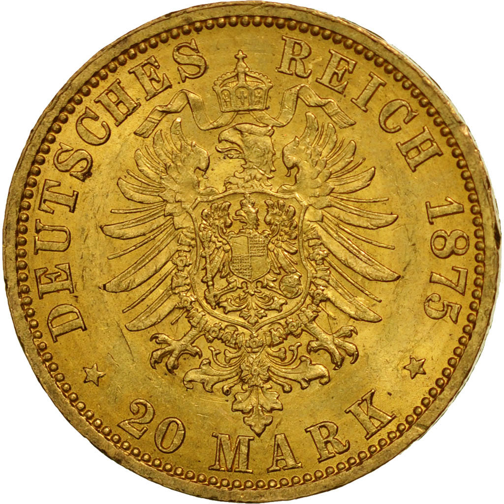 German States, HAMBURG, 20 Mark, 1875, Hamburg, MS(63), Gold, KM:602