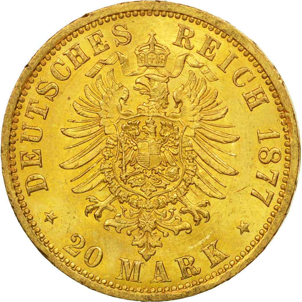 German States, HAMBURG, 20 Mark, 1877, Hamburg, MS(64), Gold, KM:602