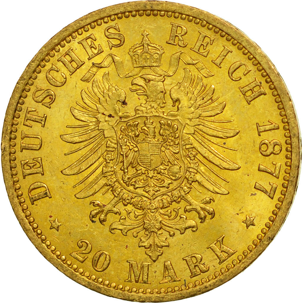 Coin, German States, HAMBURG, 20 Mark, 1877, Hamburg, MS(63), Gold, KM:602