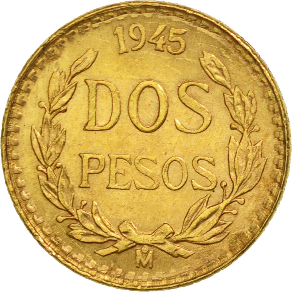 Mexico, 2 Pesos, 1945, Mexico City, AU(55-58), Gold, KM:461