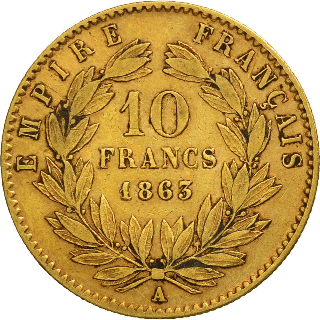 Moneda, Francia, Napoleon III, Napoléon III, 10 Francs, 1863, Paris, MBC, Oro