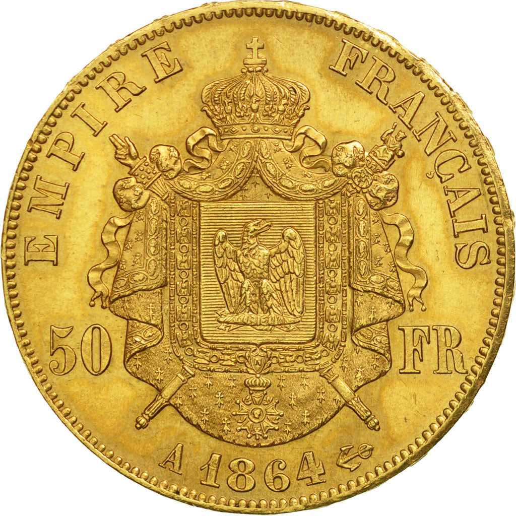 France, Napoleon III, 50 Francs, 1864, Paris, AU(55-58), Gold, KM:804.1