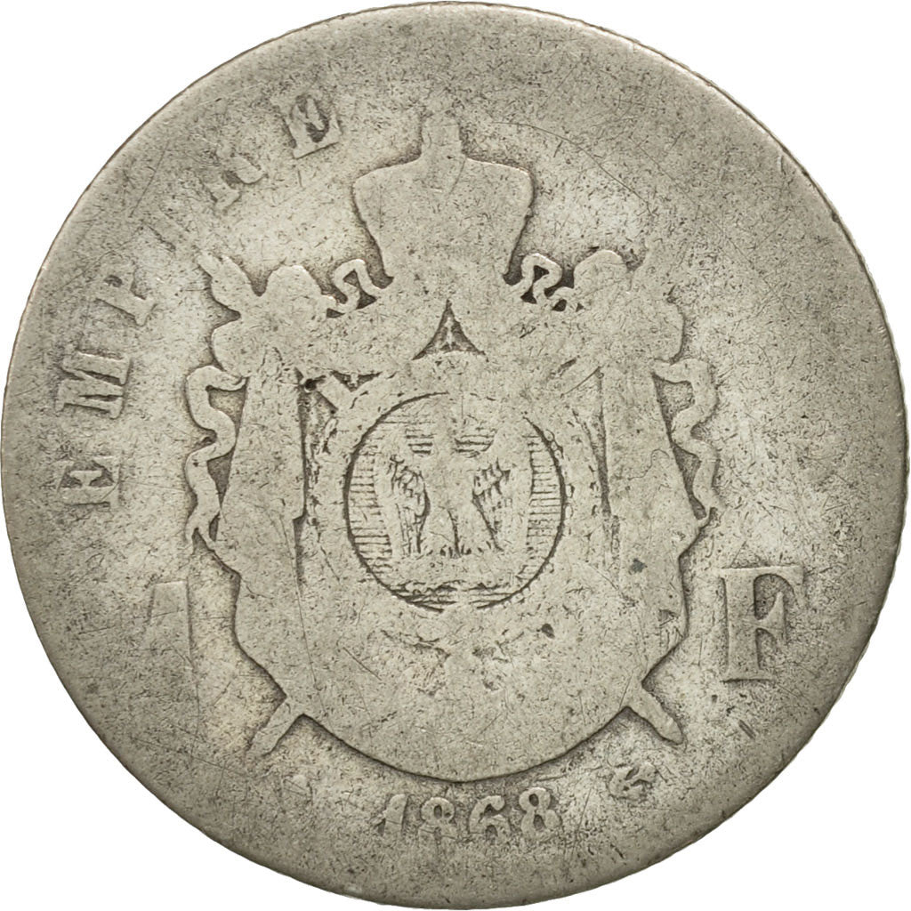 France, Napoleon III, Franc, 1868, Strasbourg, VG(8-10), Silver, KM:806.2