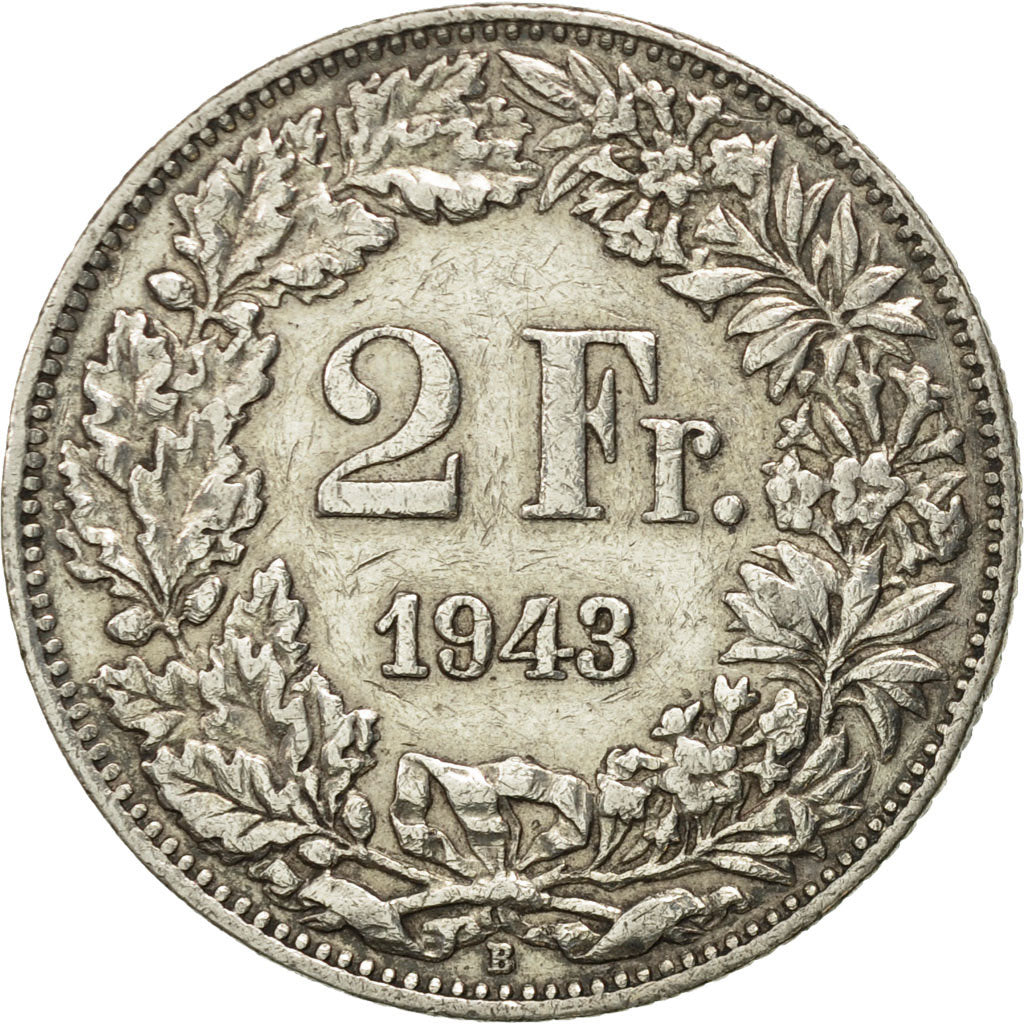 Coin, Switzerland, 2 Francs, 1943, Bern, EF(40-45), Silver, KM:21