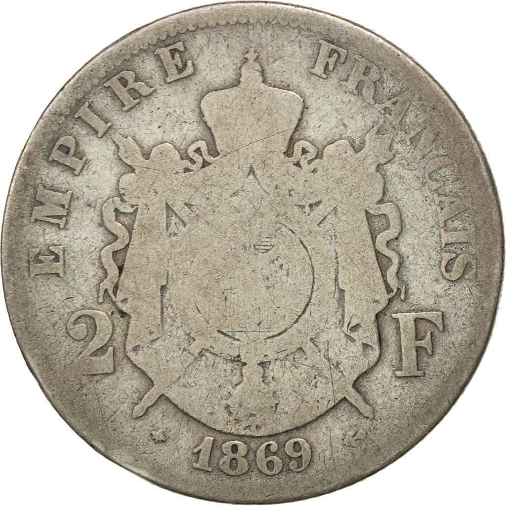Francia, Napoleon III, 2 Francs, 1869, Paris, B+, Argento, KM:807.1