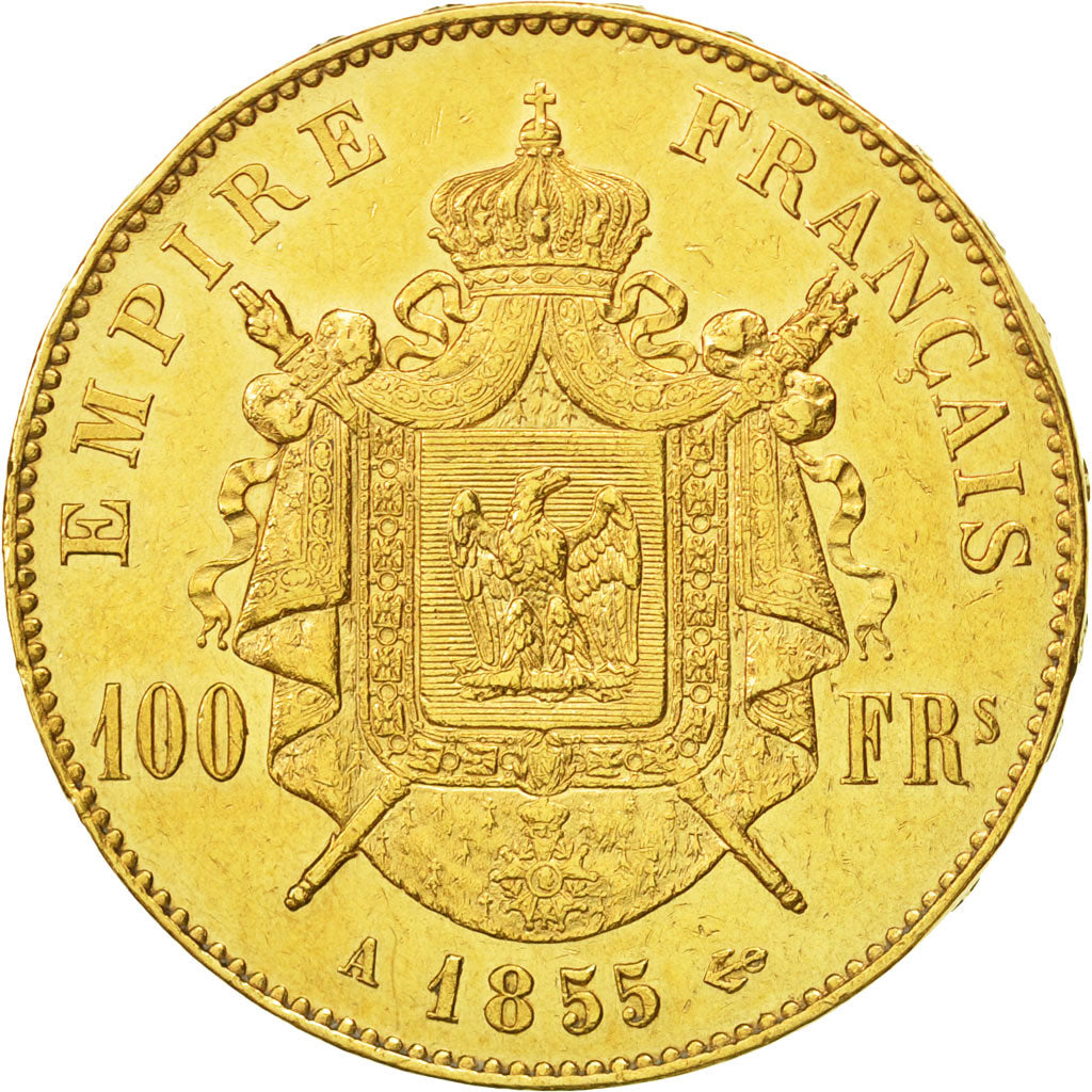 Francia, Napoleon III, 100 Francs, 1855, Paris, MBC+, Oro, KM:786.1