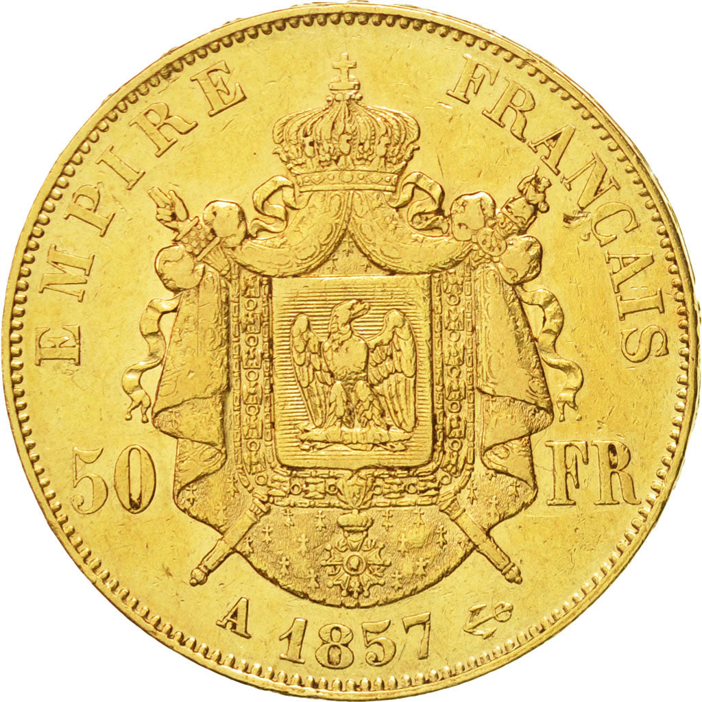 Francia, Napoleon III, 50 Francs, 1857, Paris, MB+, Oro, KM:785.1