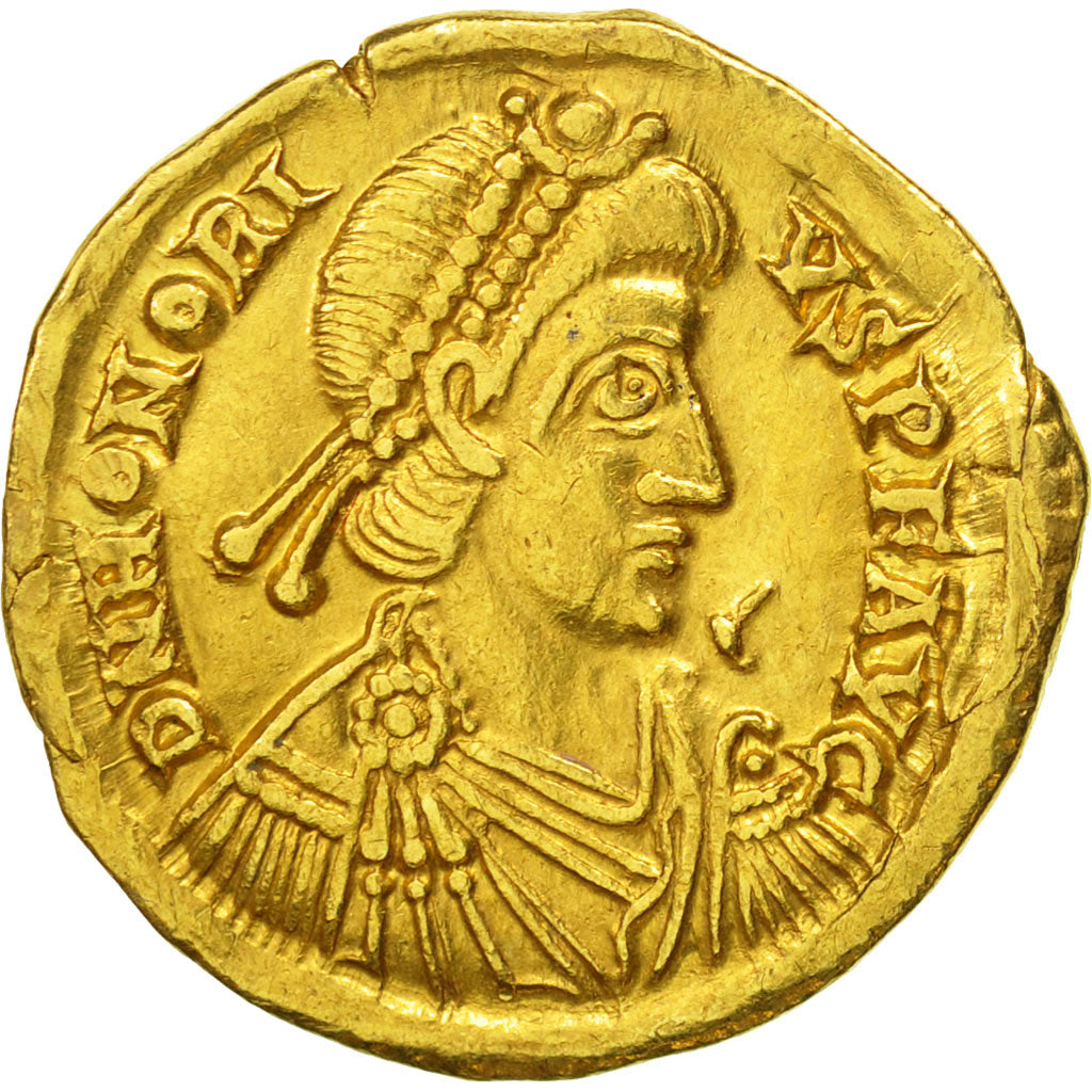 Coin, Honorius, Solidus, Ravenna, AU(50-53), Gold, RIC:1287