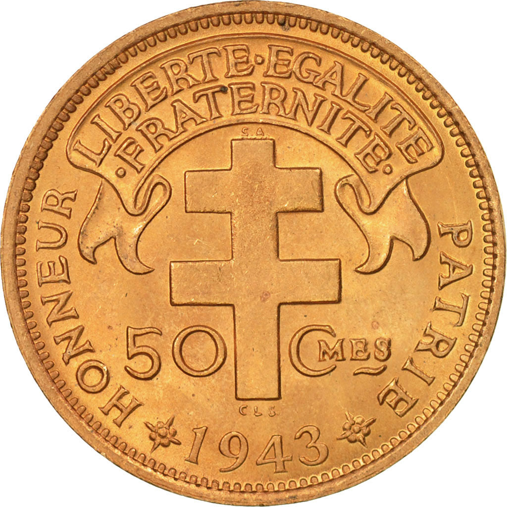 Cameroon, 50 Centimes, 1943, Pretoria, MS(63), Bronze, KM:6