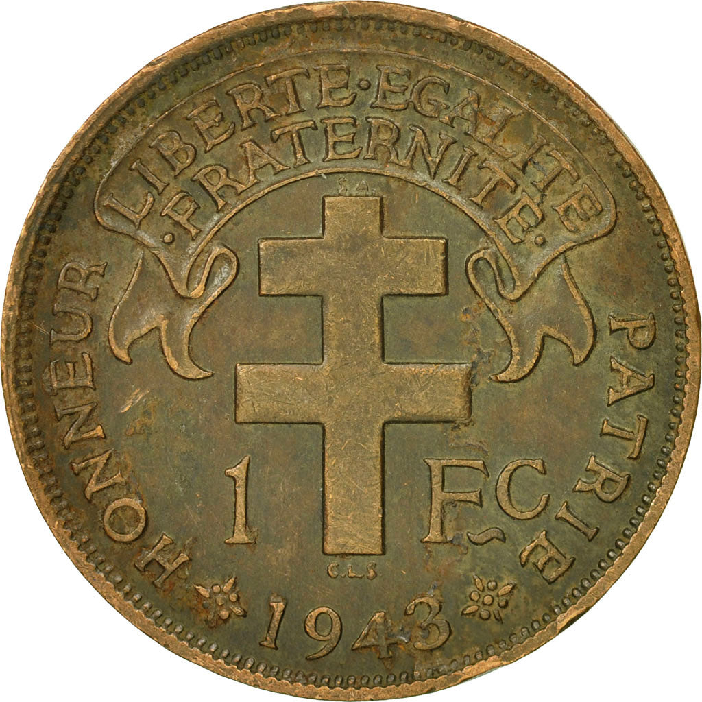 Cameroon, Franc, 1943, Pretoria, AU(50-53), Bronze, KM:7