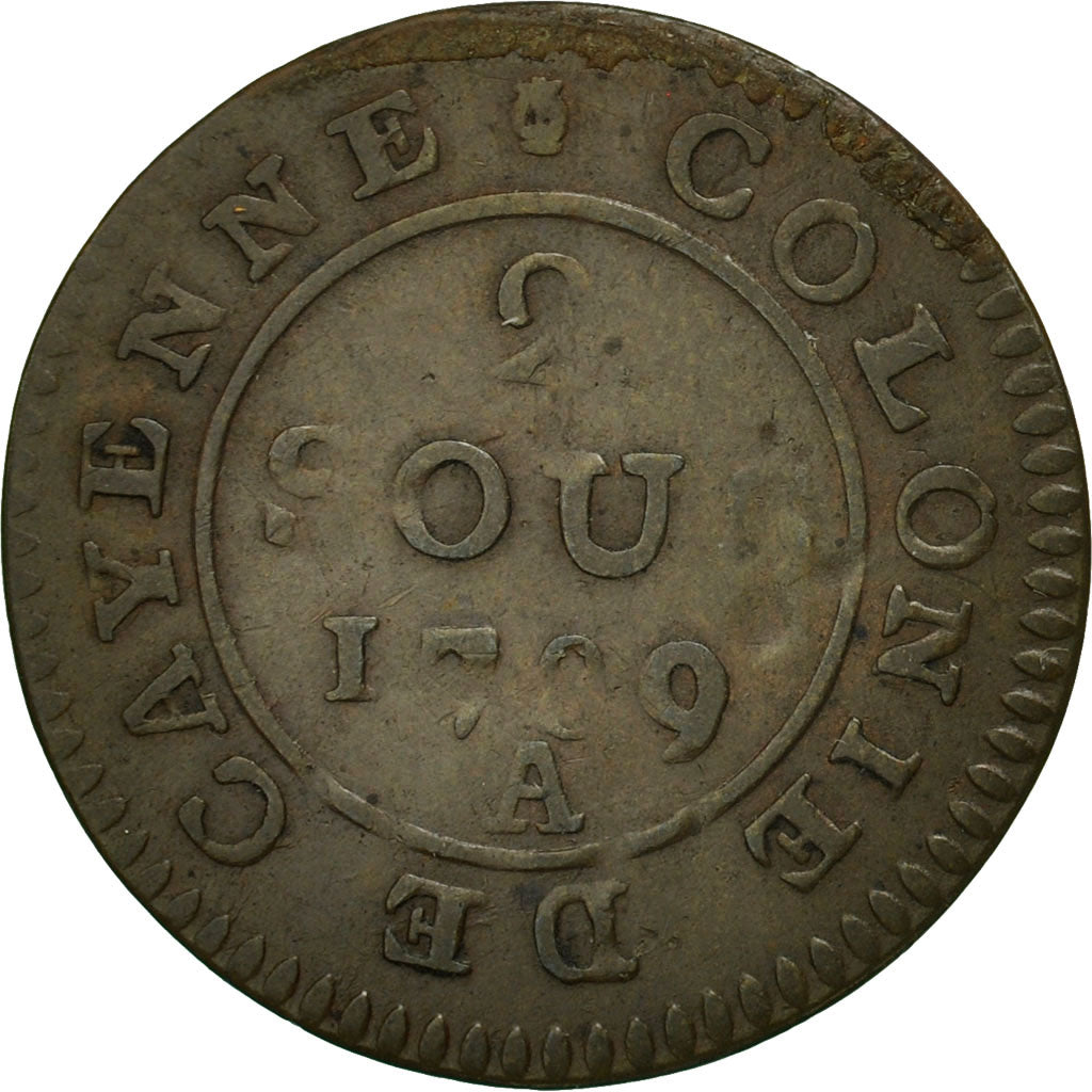 FRENCH GUIANA, 2 Sous, 1789, Paris, EF(40-45), Billon, KM:1