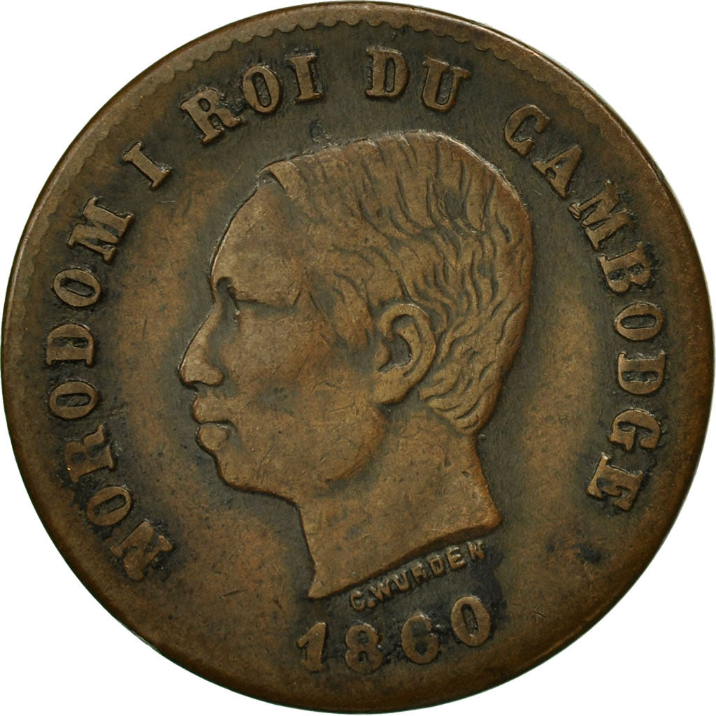 Cambogia, 5 Centimes, 1860, MB+, Bronzo, KM:M2