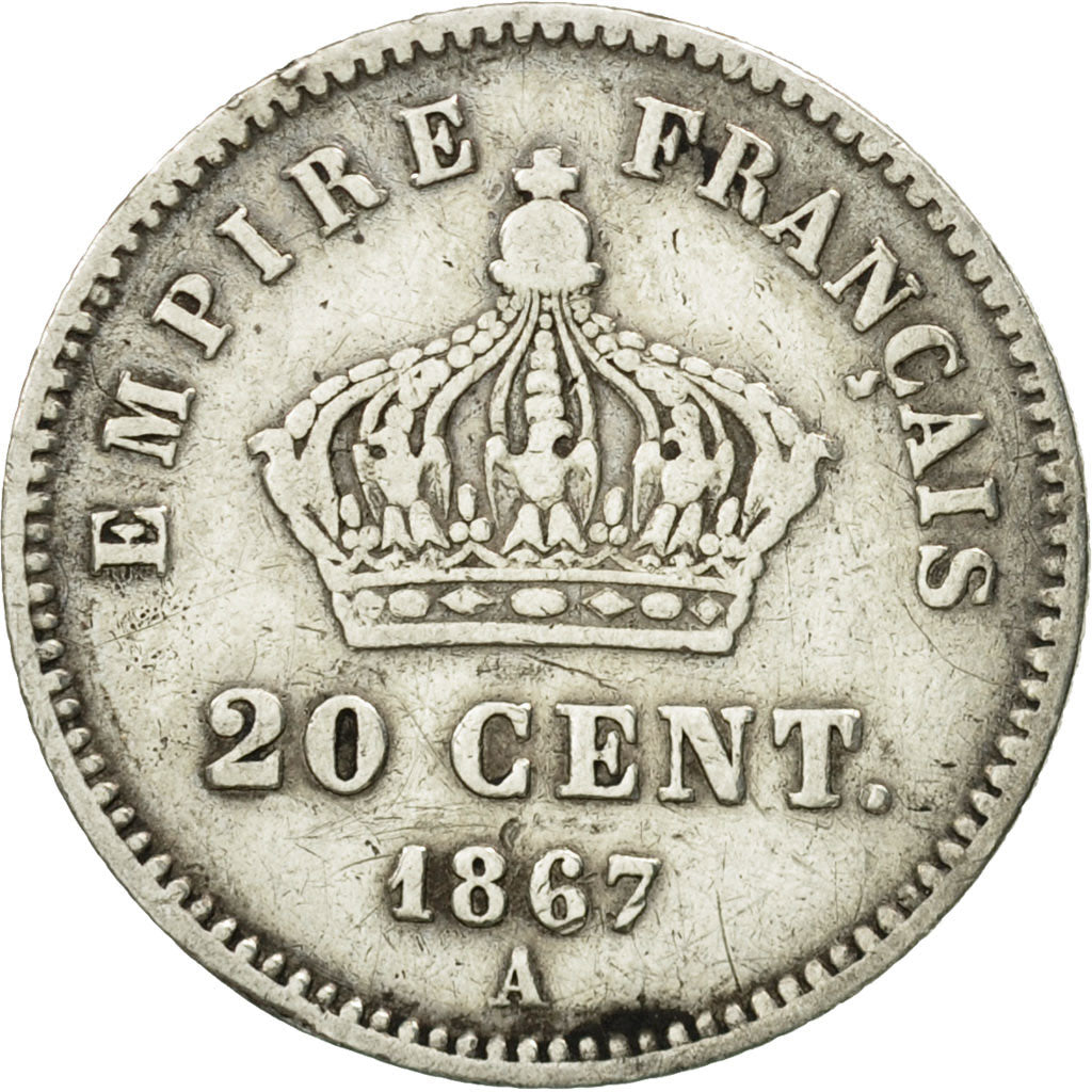 France, Napoleon III, 20 Centimes, 1867, Paris, VF(30-35), Silver, KM:808.1