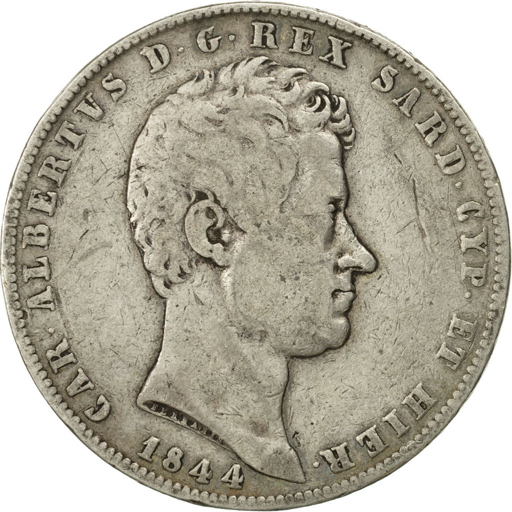 ITALIAN STATES, SARDINIA, Carlo Alberto, 5 Lire, 1844, Genoa, VF(30-35), Silver