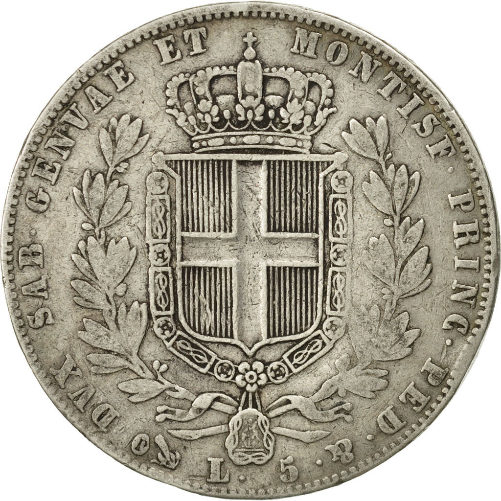 ITALIAN STATES, SARDINIA, Carlo Alberto, 5 Lire, 1844, Genoa, VF(30-35), Silver