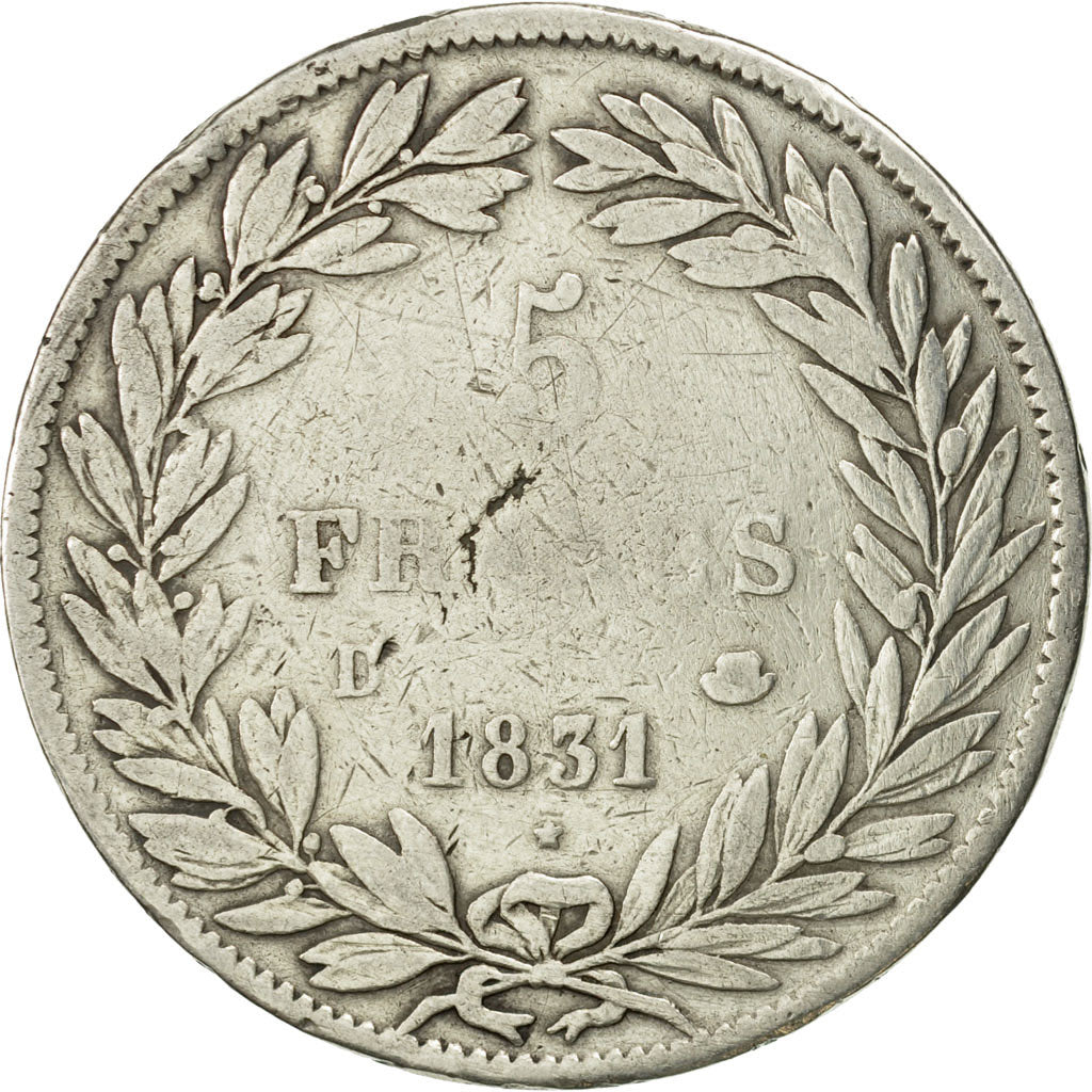 Coin, France, Louis-Philippe, 5 Francs, 1831, Lyon, VF(20-25), Silver, KM:735.4