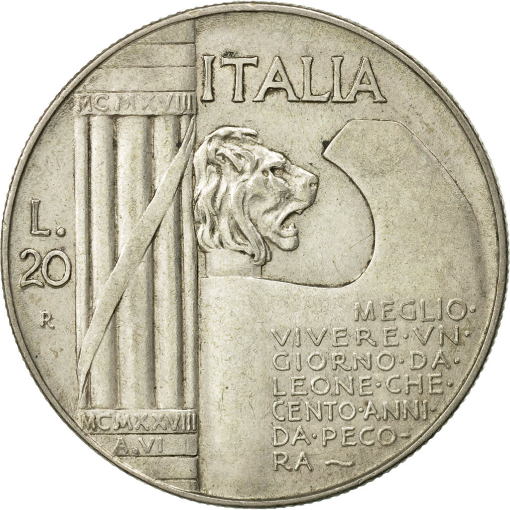 Coin, Italy, Vittorio Emanuele III, 20 Lire, 1928, Rome, AU(50-53), Silver