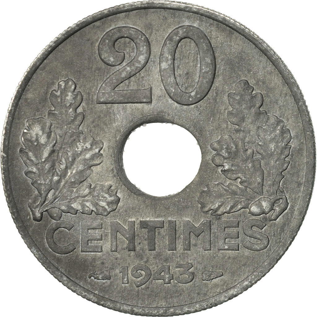 Francia, État français, 20 Centimes, 1943, Paris, BB+, Zinco, KM:900.1
