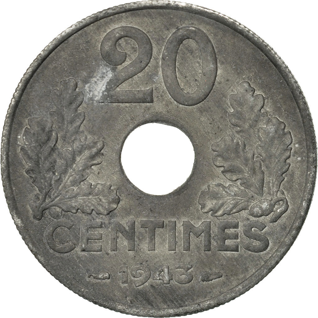 Moneta, Francja, État français, 20 Centimes, 1943, Paris, AU(50-53), Cynk