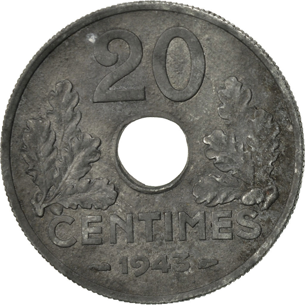 Monnaie, France, État français, 20 Centimes, 1943, Paris, TTB+, Zinc
