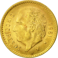 Munten, Mexico, 5 Pesos, 1955, Mexico City, UNC-, Goud, KM:464