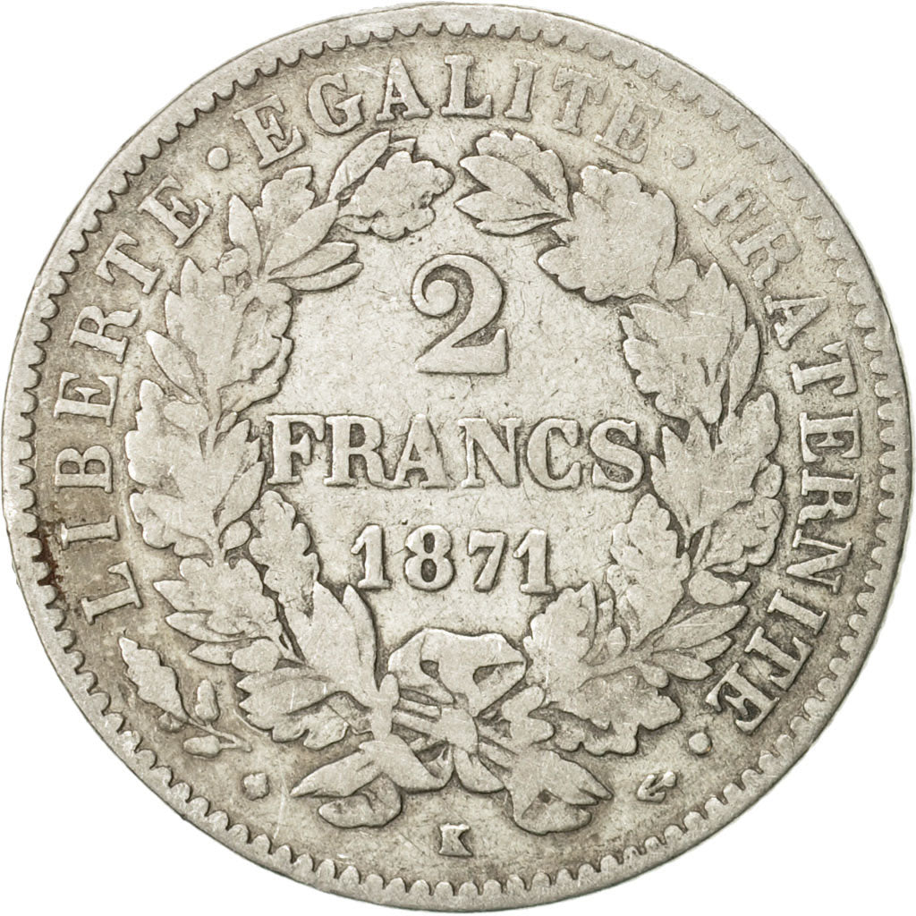 Coin, France, Cérès, 2 Francs, 1871, Bordeaux, VF(20-25), Silver, KM:817.2