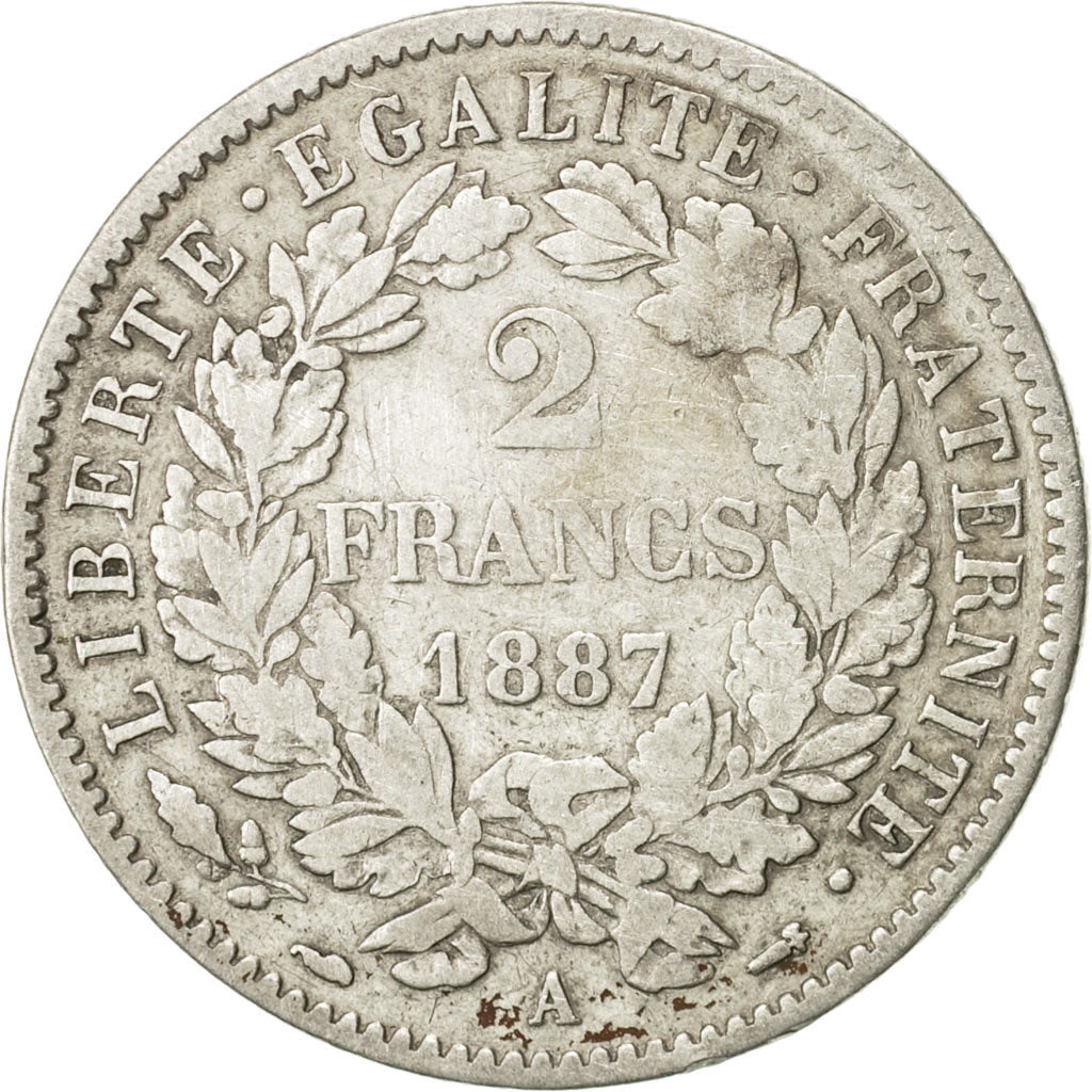 Coin, France, Cérès, 2 Francs, 1887, Paris, VF(20-25), Silver, KM:817.1