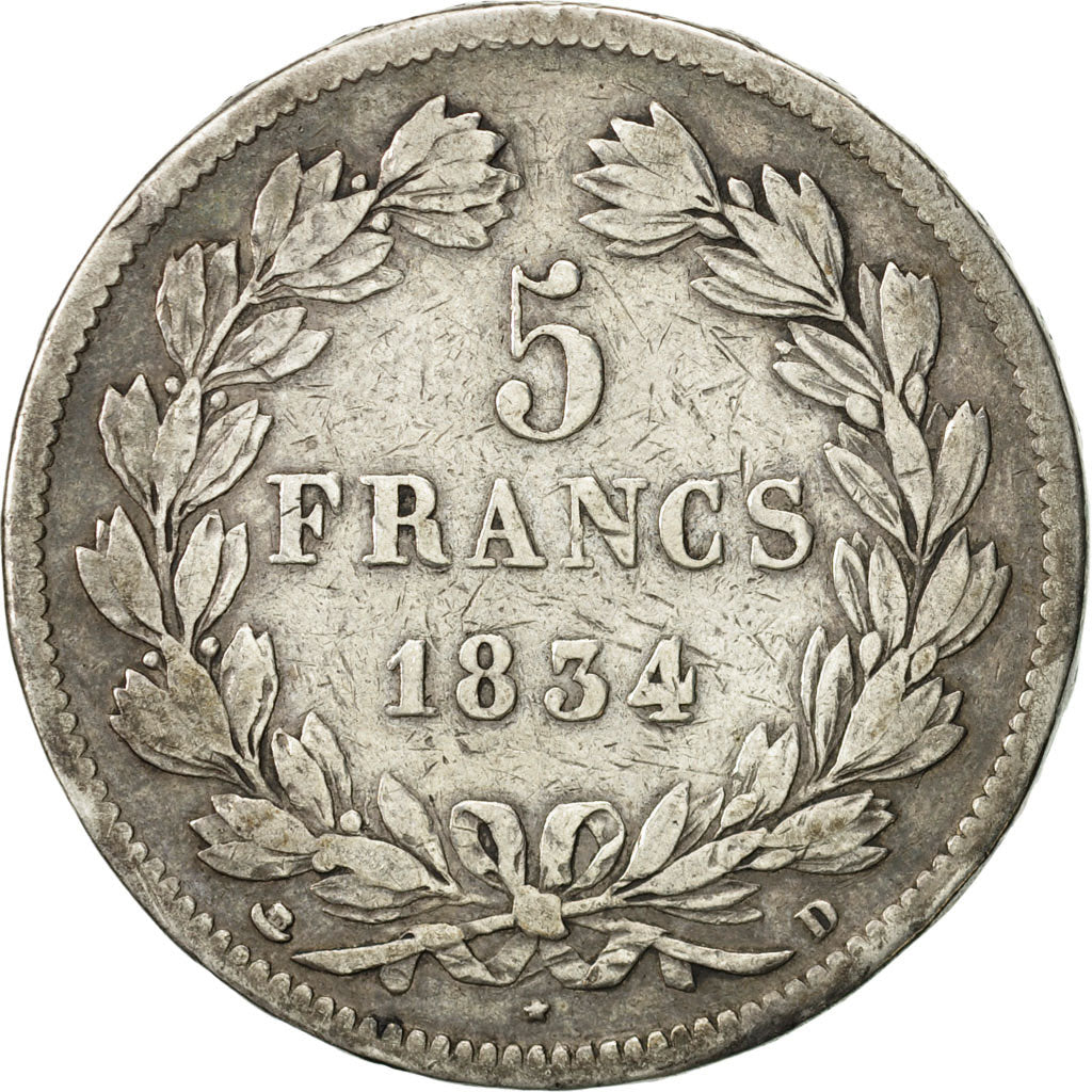 Coin, France, Louis-Philippe, 5 Francs, 1834, Lyon, VF(30-35), Silver, KM:749.4